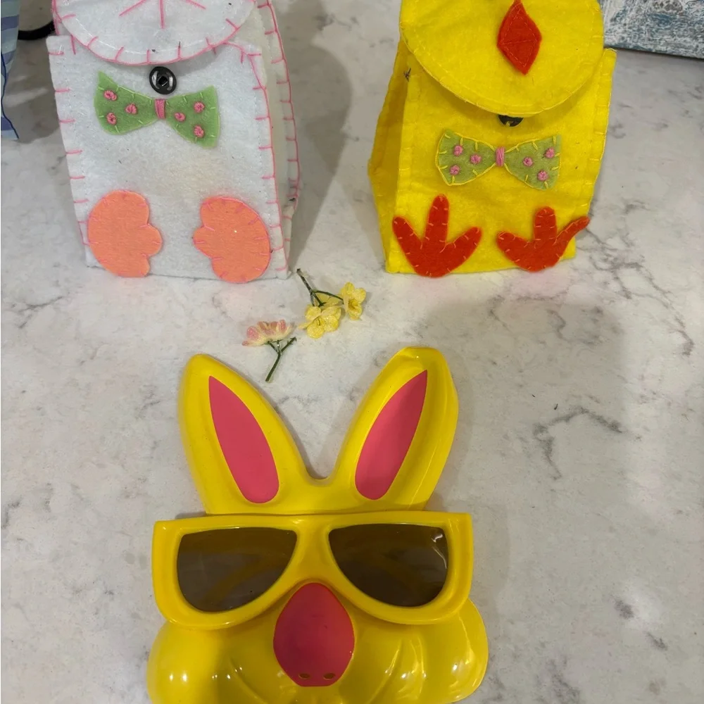 Kids Yellow Bunny Sunglasses and 2 felt bags each with a plastic egg